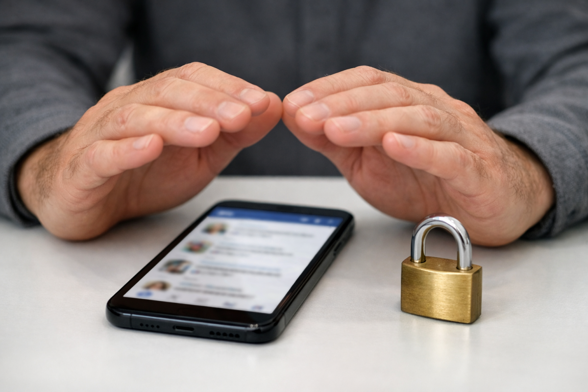 Person shielding personal data on phone