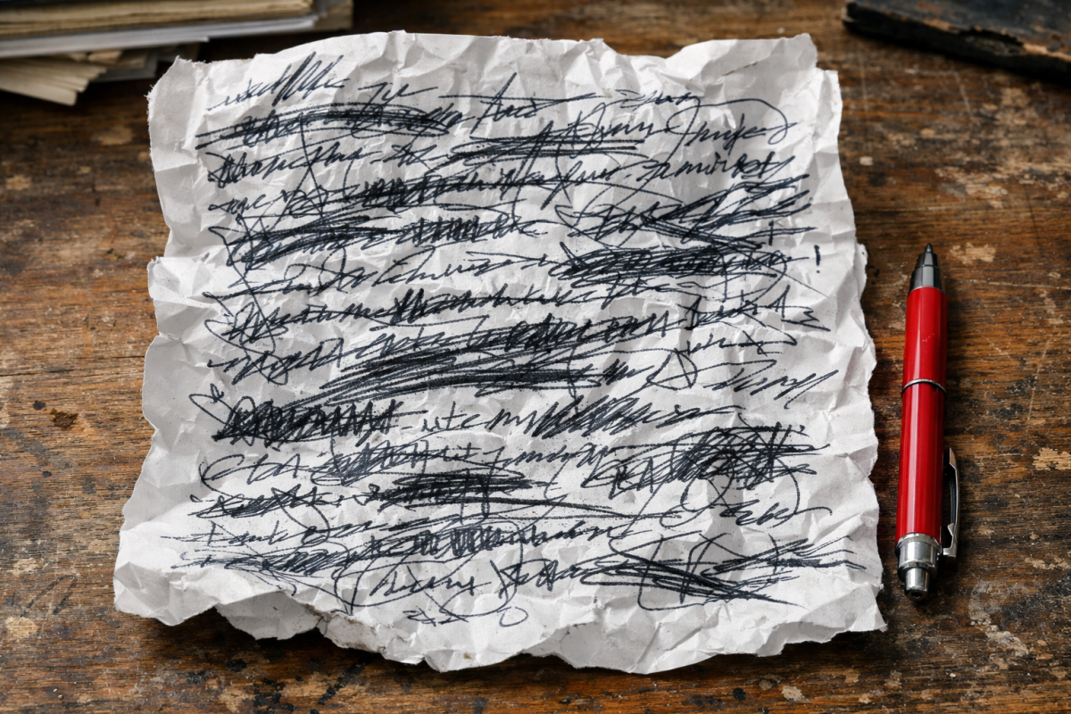 Frustrated writer staring at messy draft