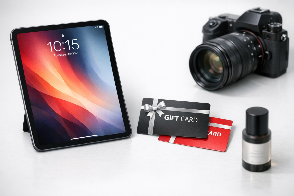 Branded merchandise displayed as contest prizes