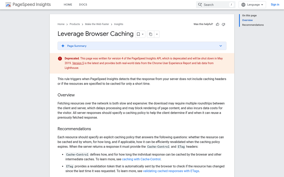 Browser caching settings in WordPress dashboard