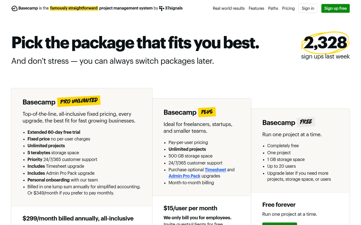 Basecamp website call to action button