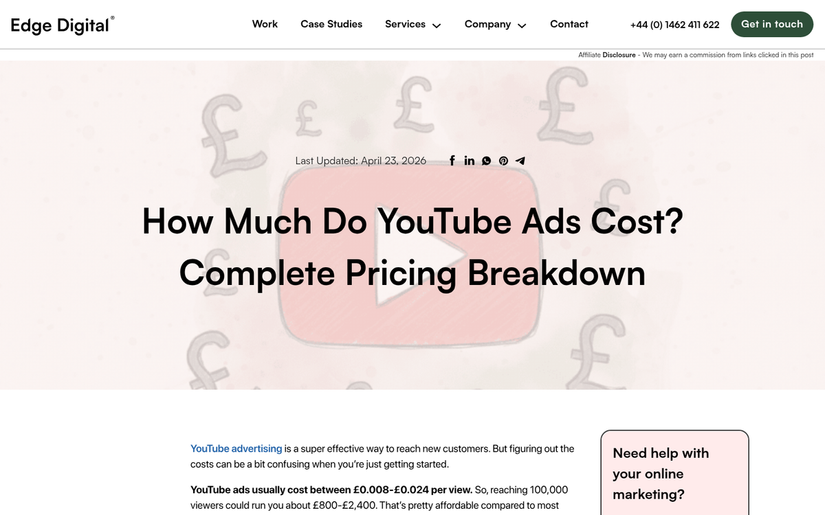YouTube advertising cost breakdown chart 2026
