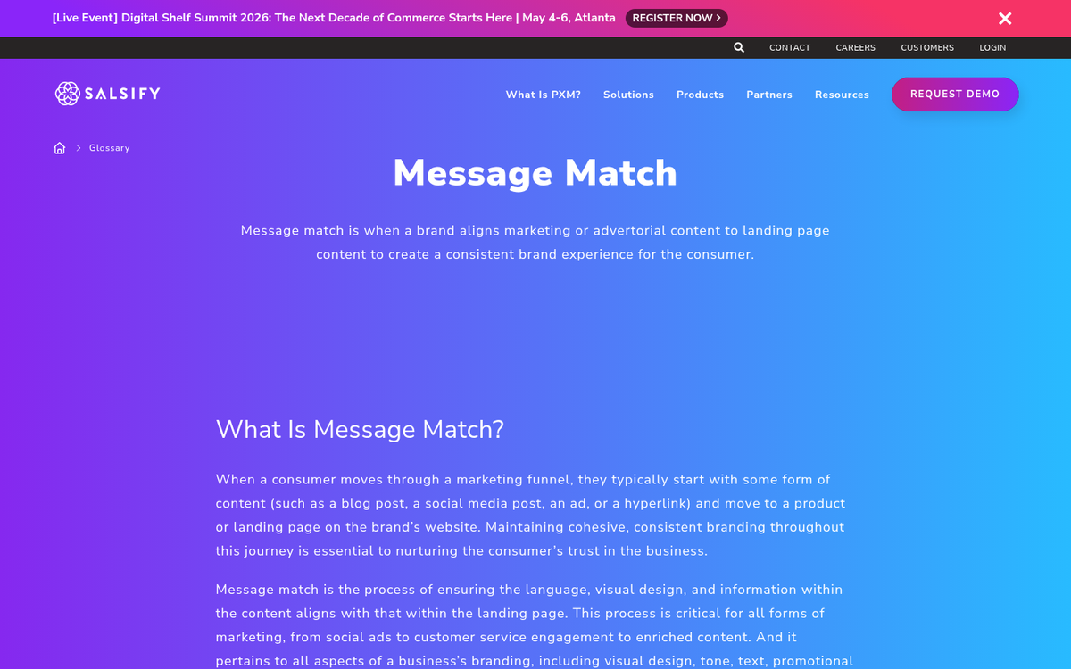 Landing page matching marketing message example