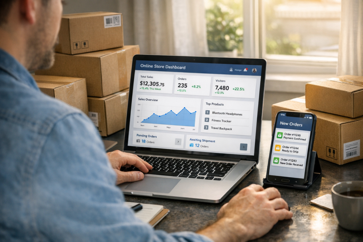 Entrepreneur managing online dropshipping store products