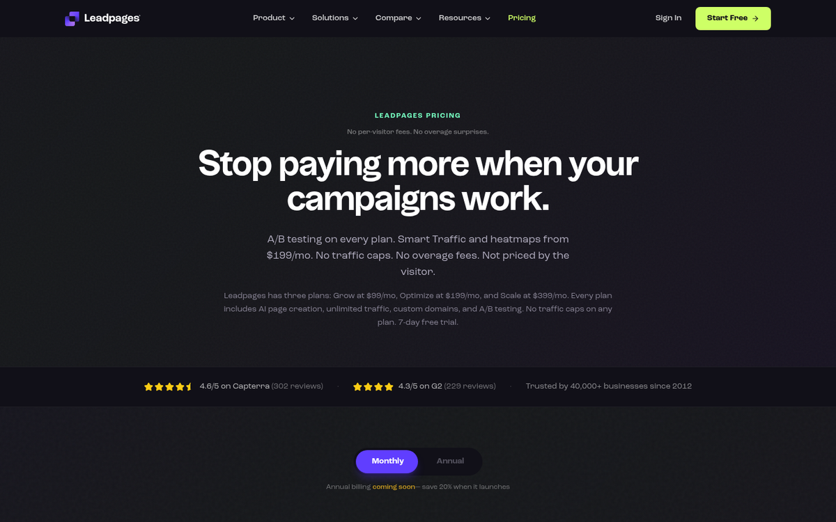 Landing page design side-by-side comparison screenshot