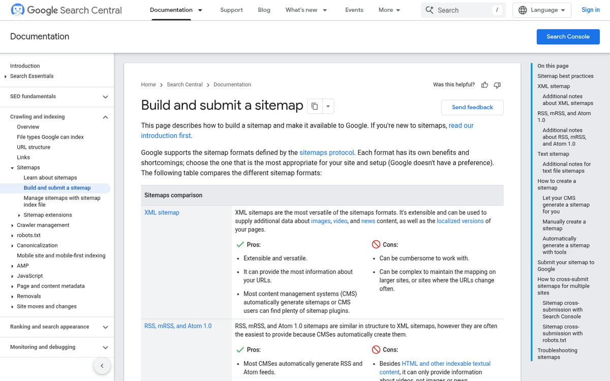 Google Search Console sitemap submission page