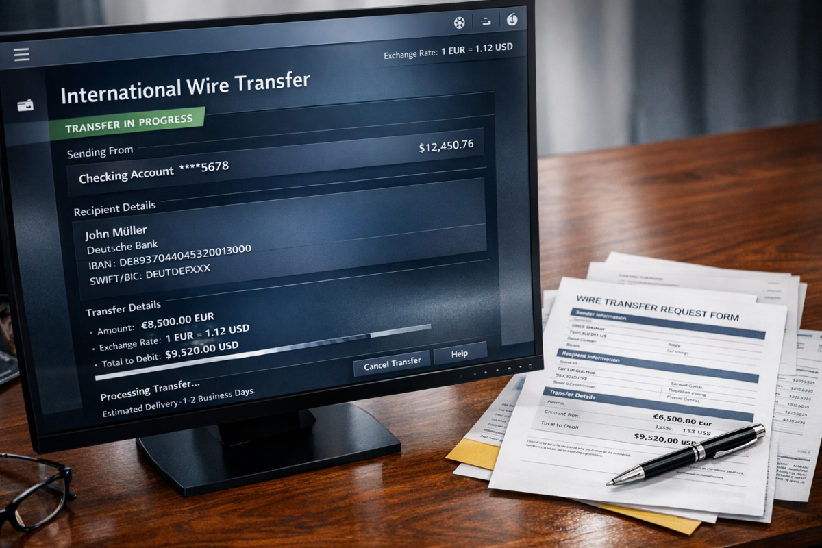 Wire transfer bank payment process illustration