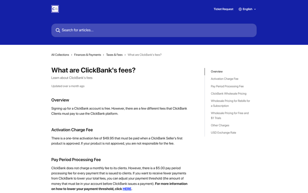ClickBank dormant account fee notice screen