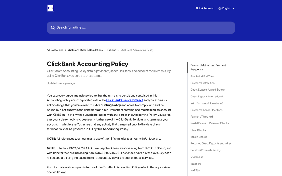 ClickBank debit calculation breakdown summary screen