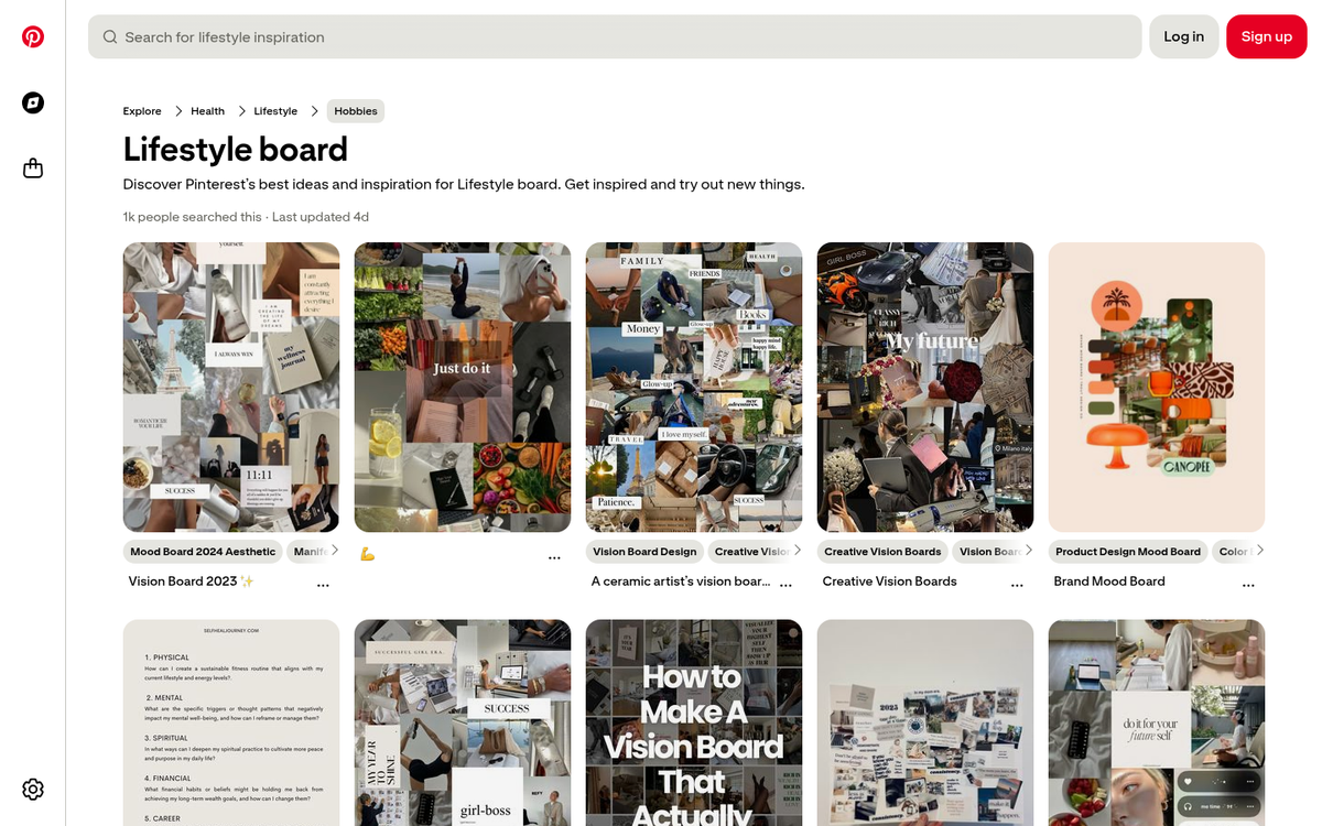 Lifestyle Pinterest board with aspirational content