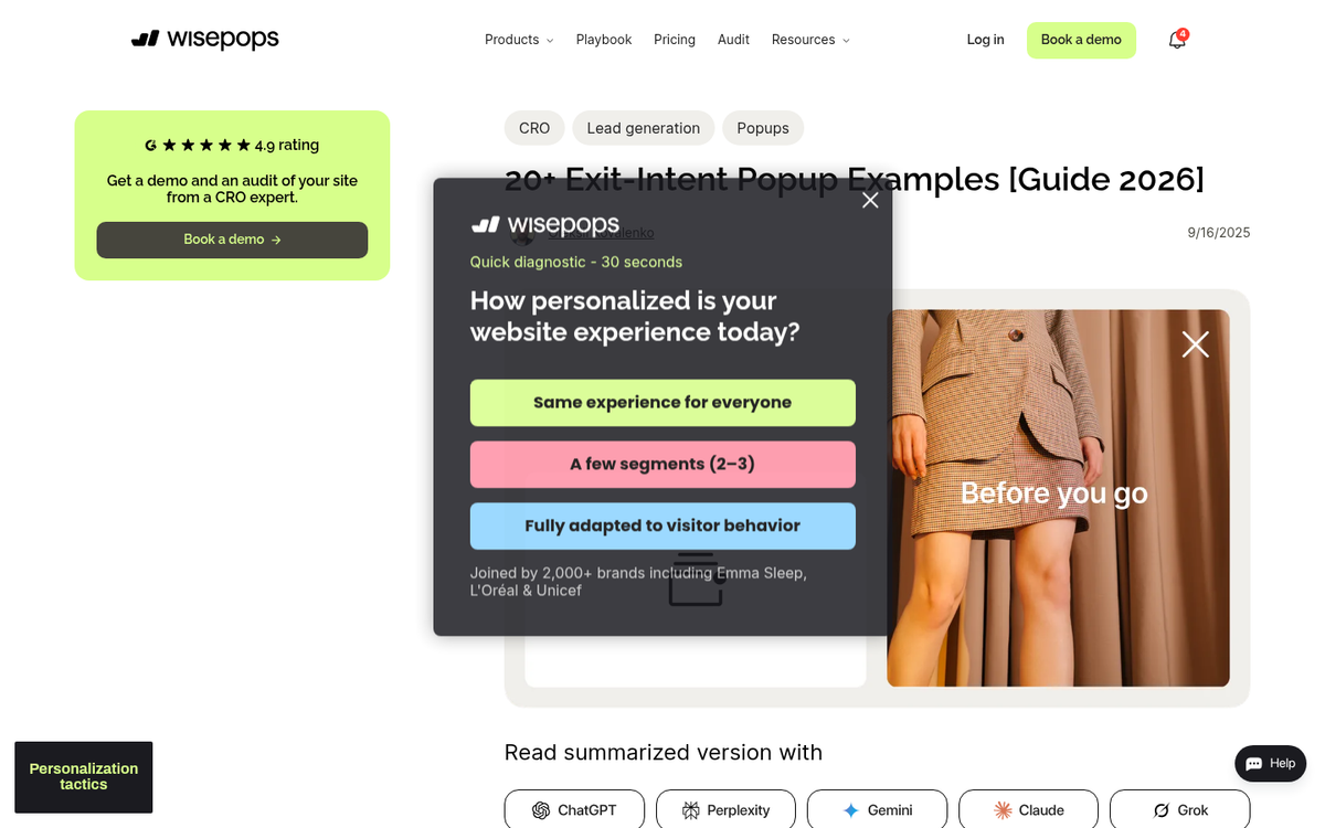 Exit intent pop-up displayed on website