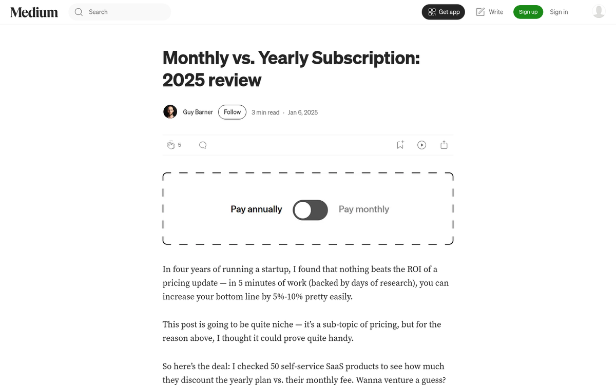 Annual subscription pricing toggle on website