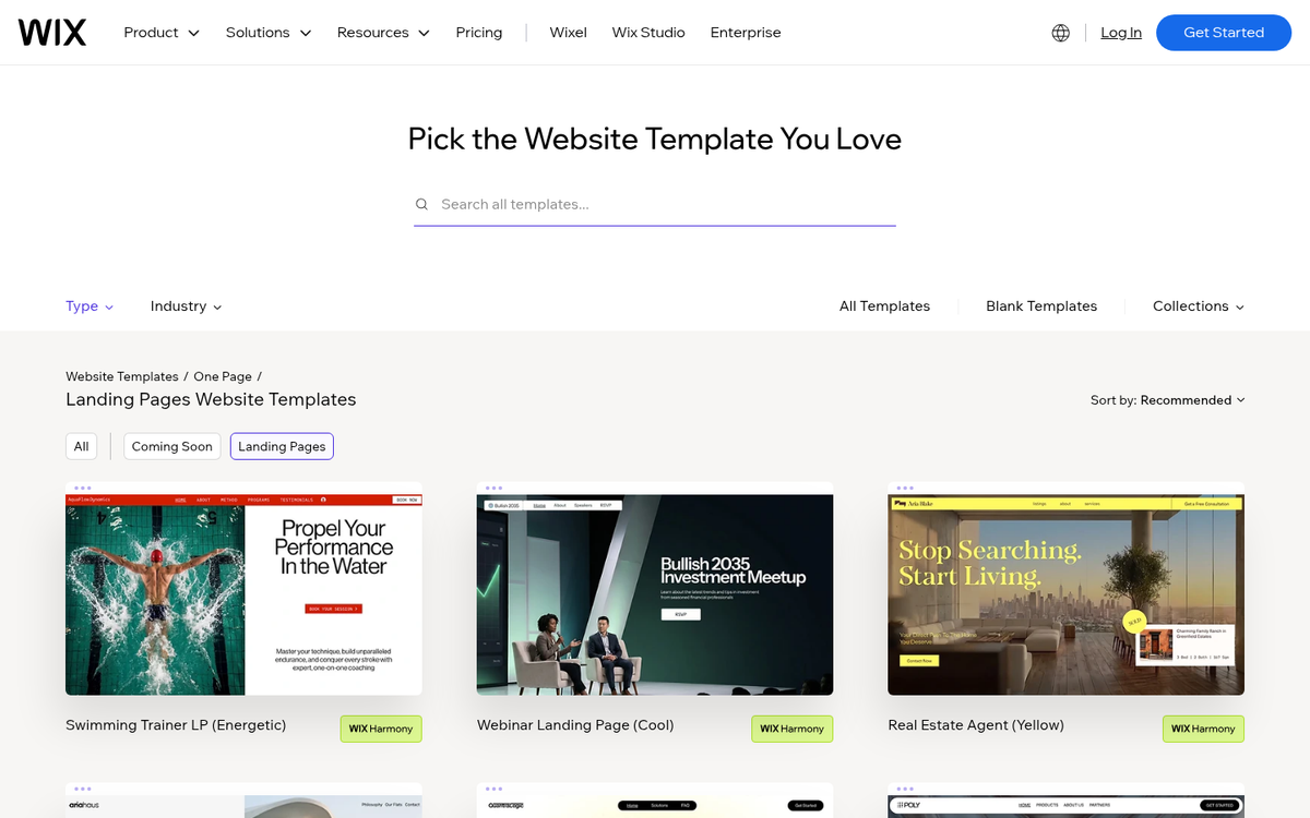 Wix landing page builder interface screenshot