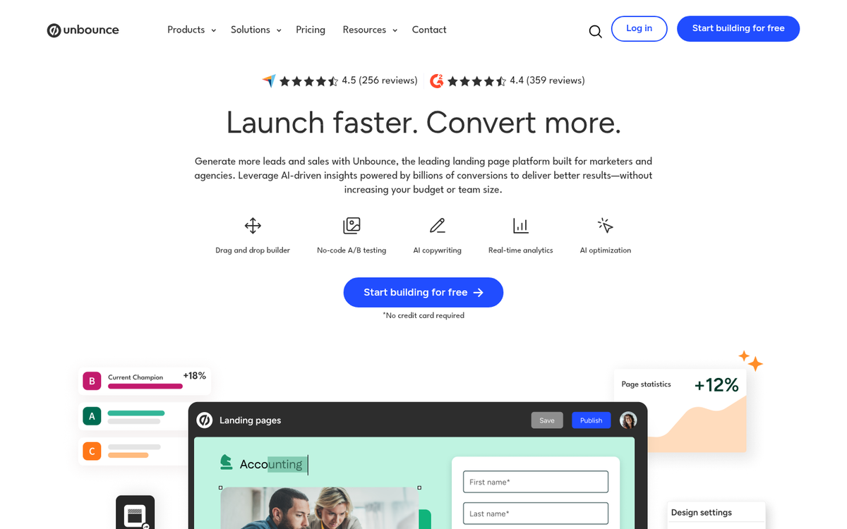 Unbounce landing page builder interface screenshot