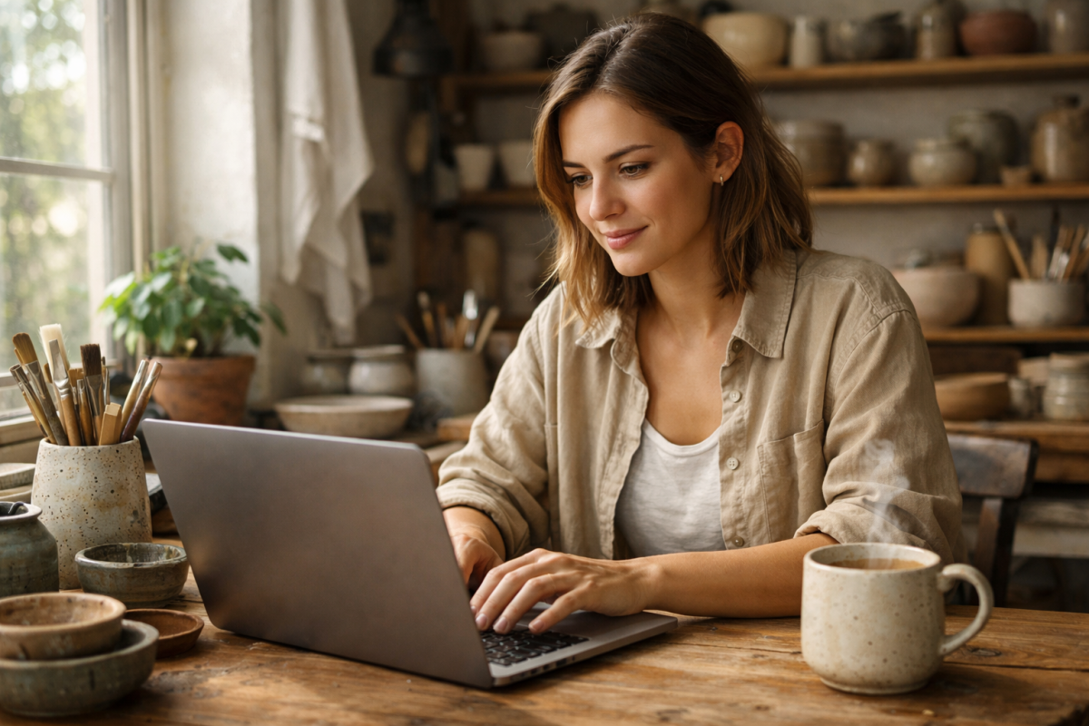 Person writing a blog post at desk