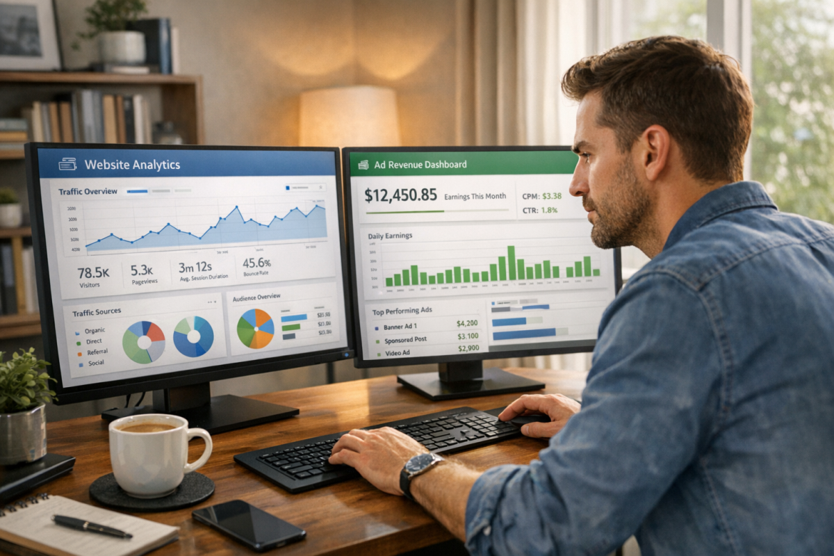 Blogger analyzing website traffic and revenue factors