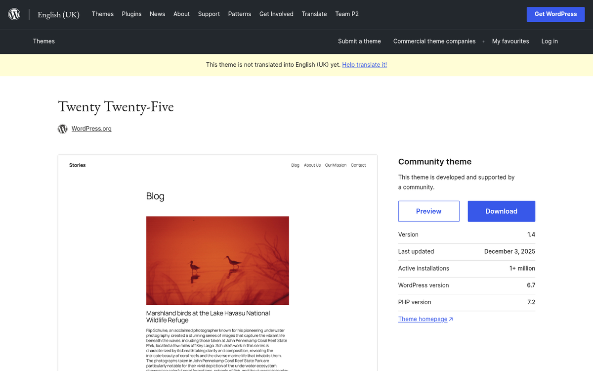 Twenty Twenty-Five WordPress theme screenshot preview