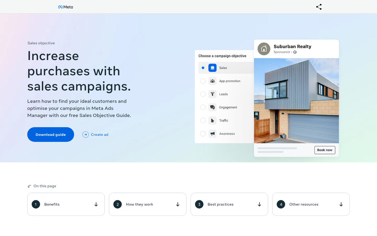 Ad objective selection screen on dashboard