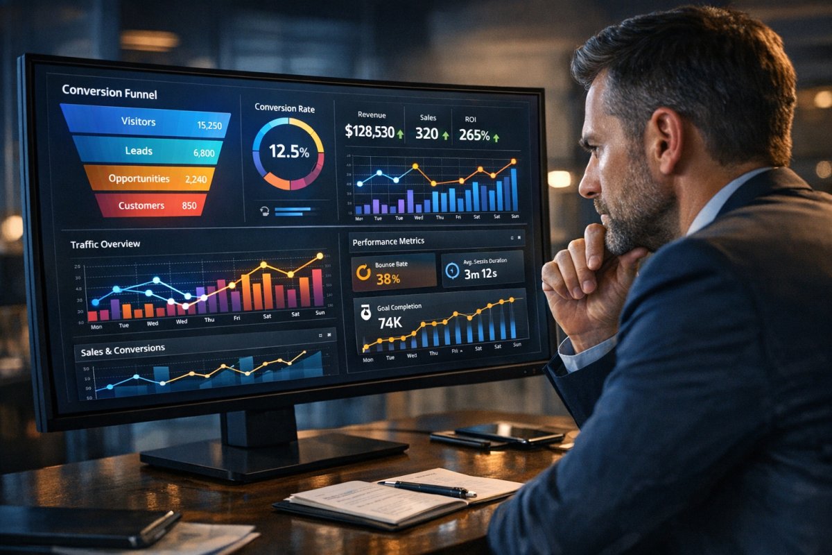Person analyzing conversion metrics on screen