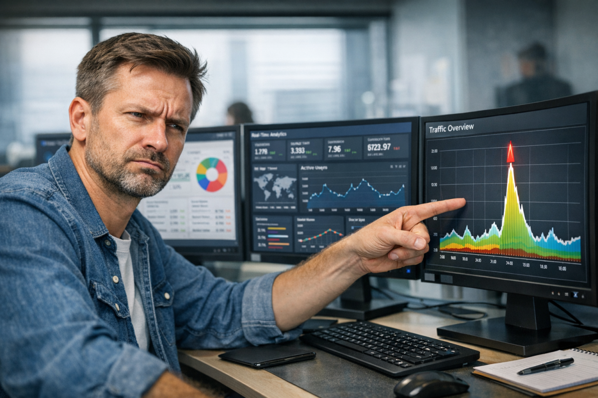 Analyst reviewing suspicious website traffic data