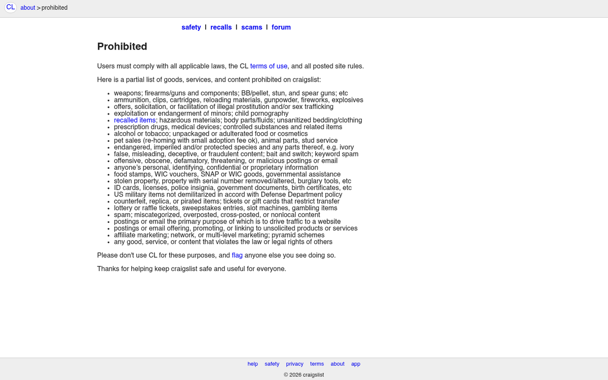 Craigslist terms of use page screenshot