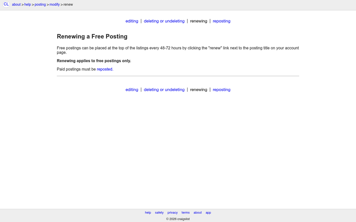 Craigslist post renewal options interface screen