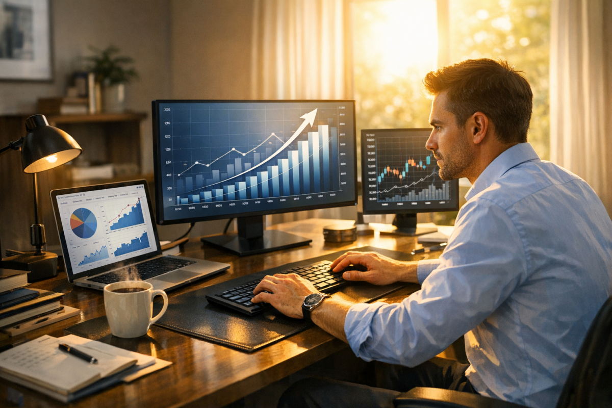 Person reviewing growth charts and analytics data