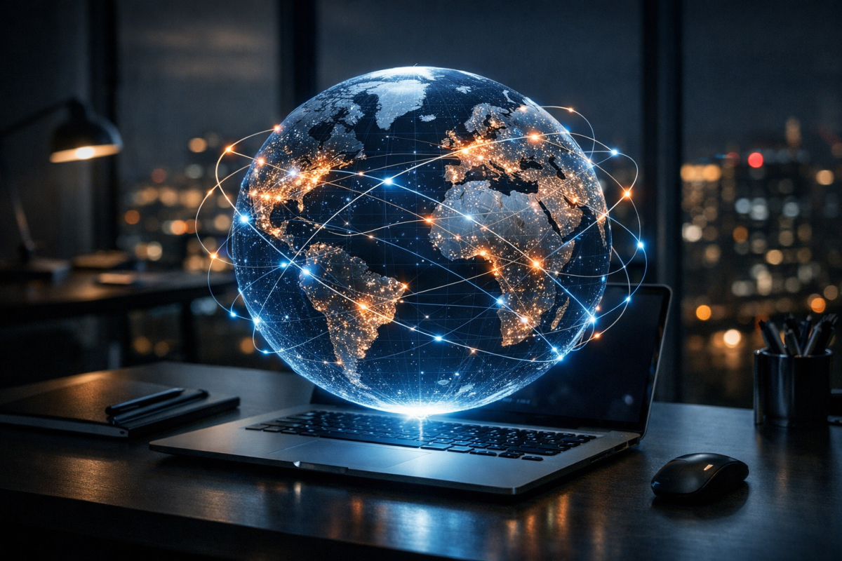 Globe with traffic arrows and analytics data