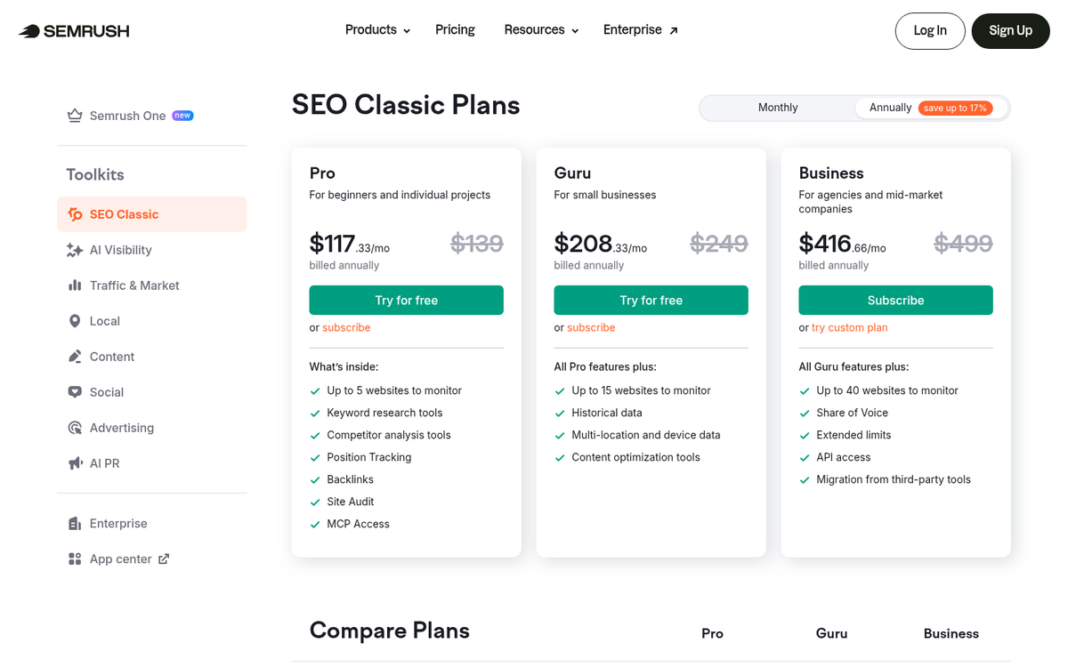 SEMrush pricing plans and subscription options