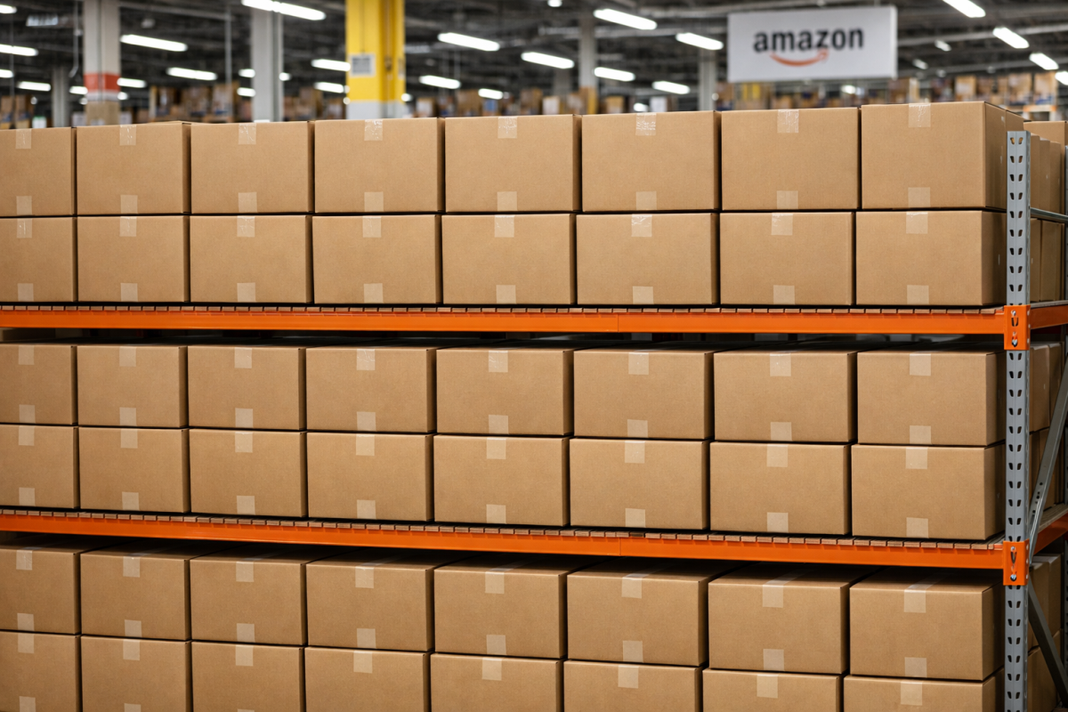 Uniform boxes on warehouse conveyor belt