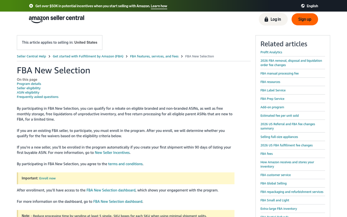 Amazon FBA New Selection Program enrollment page