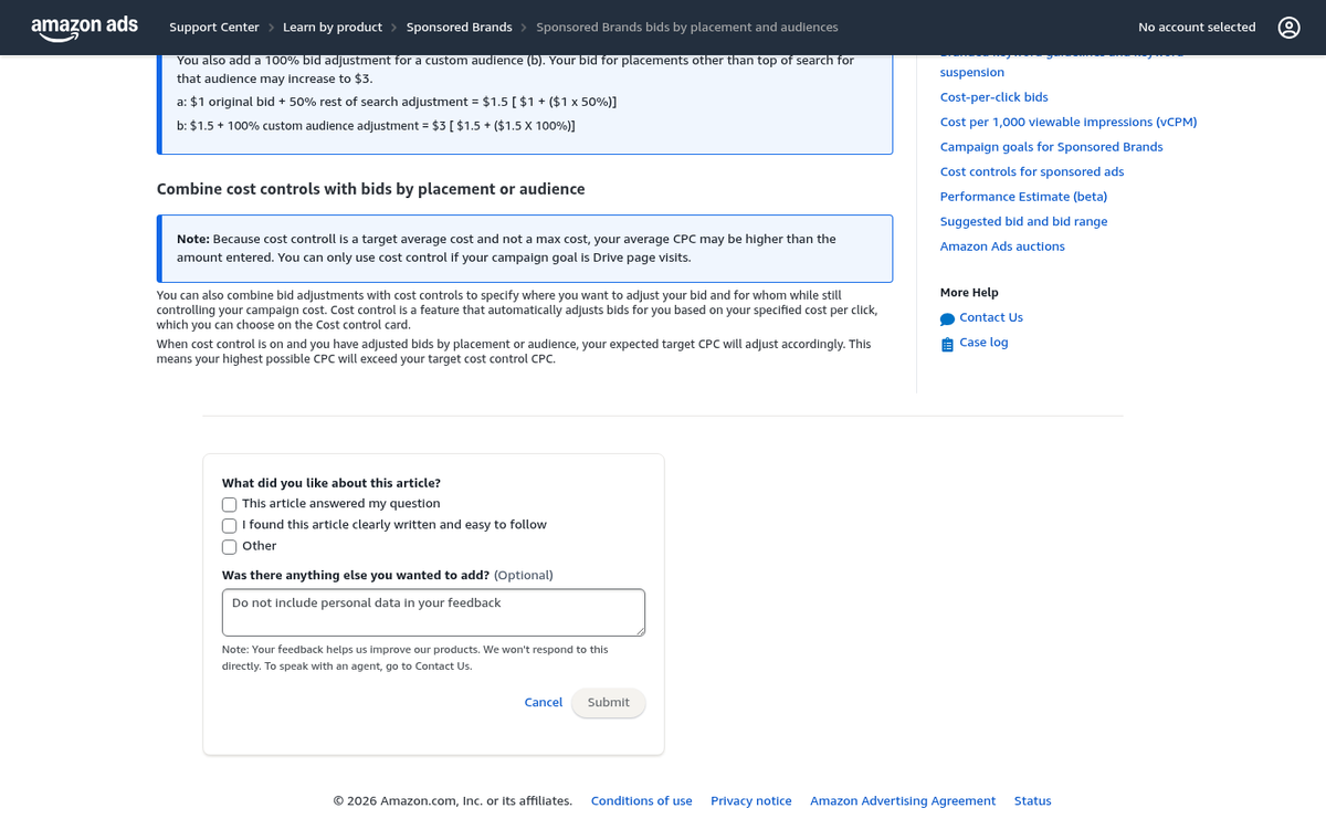 Amazon placement bid adjustment settings interface
