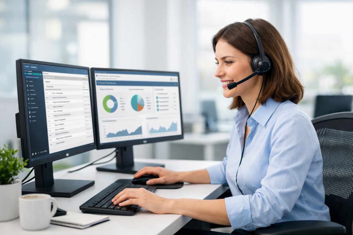 Customer service agent typing at computer