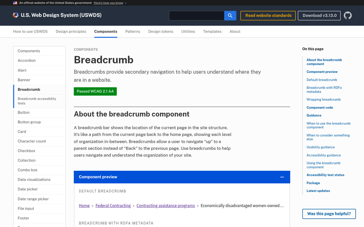 Breadcrumb navigation on a website page