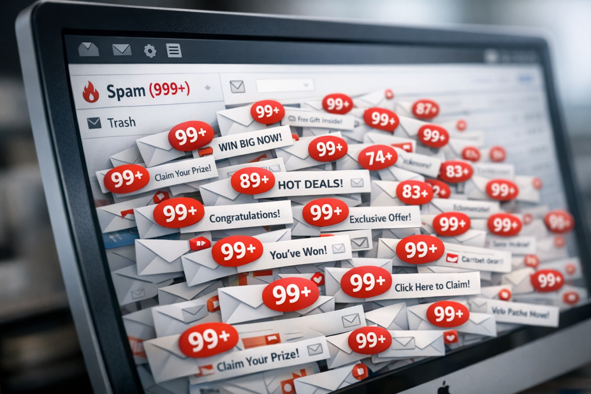 Spam email inbox overflowing with junk messages