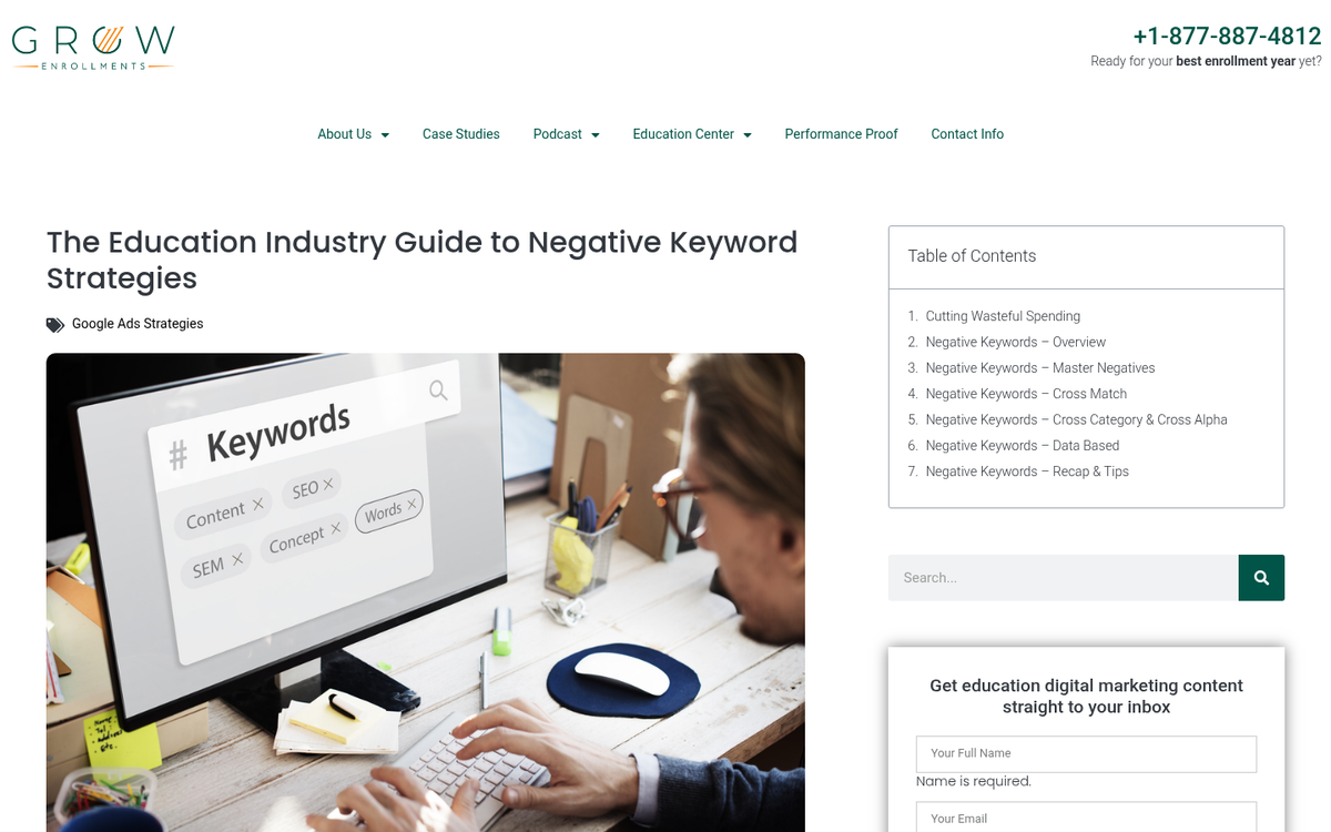 Education search keywords list on screen