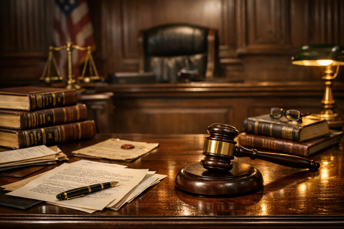 Legal documents and gavel on desk