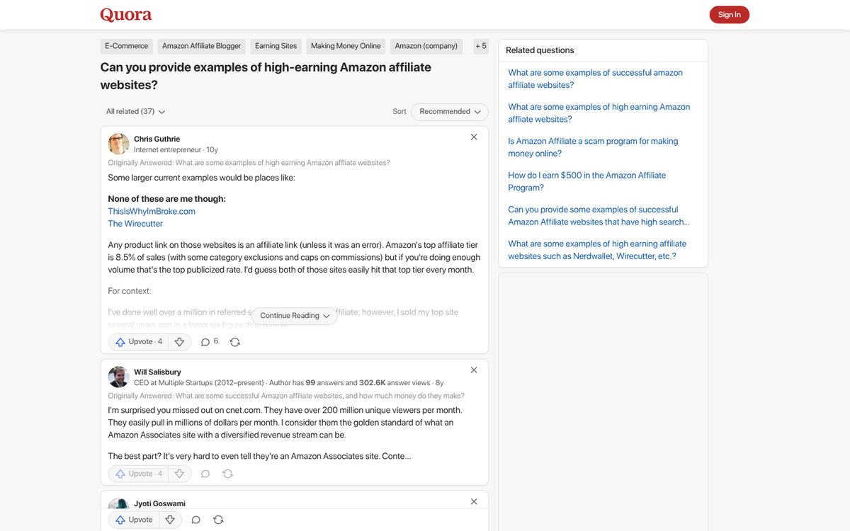 Screenshot of a top Amazon affiliate website