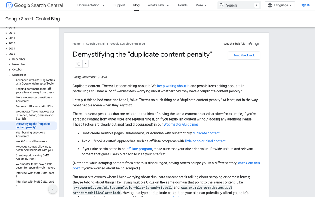 Website screenshot showing duplicate content warning