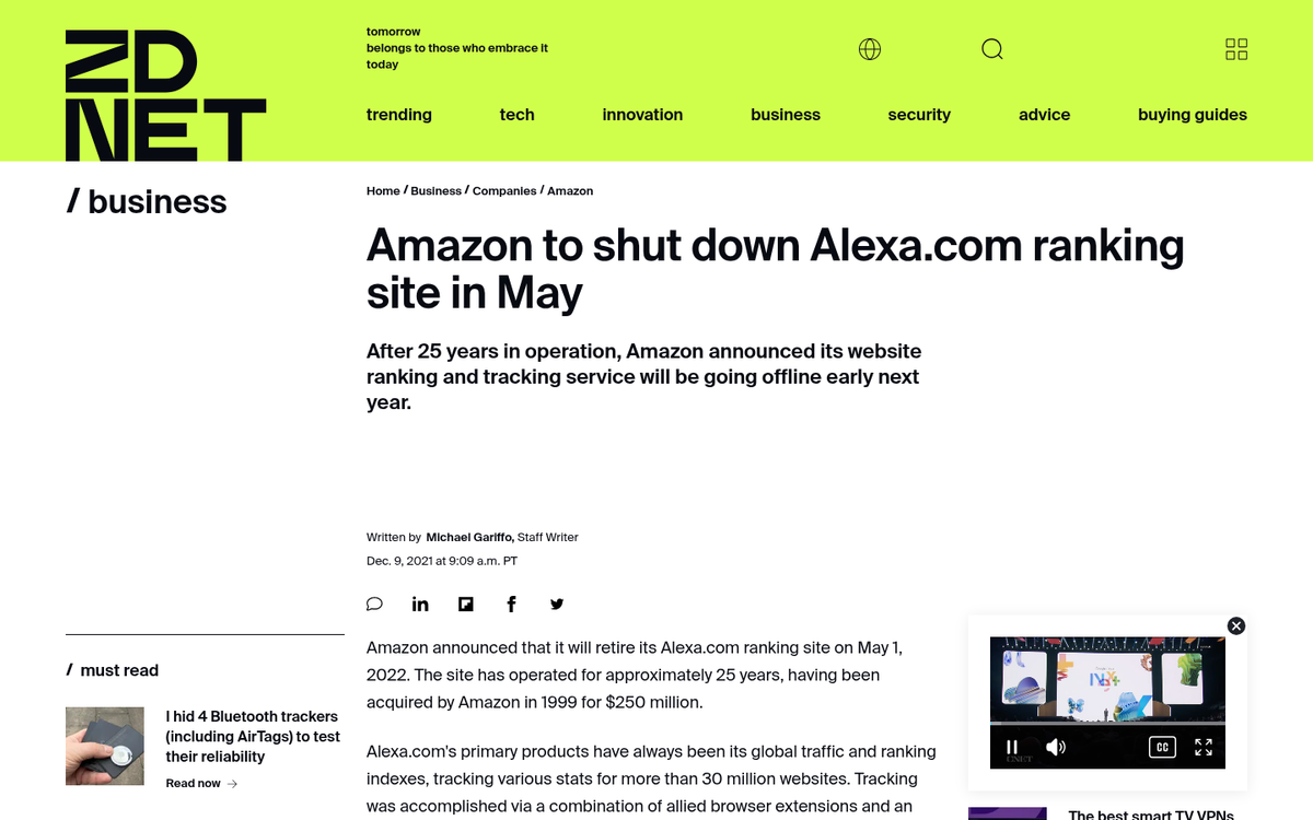 Alexa website showing official shutdown notice