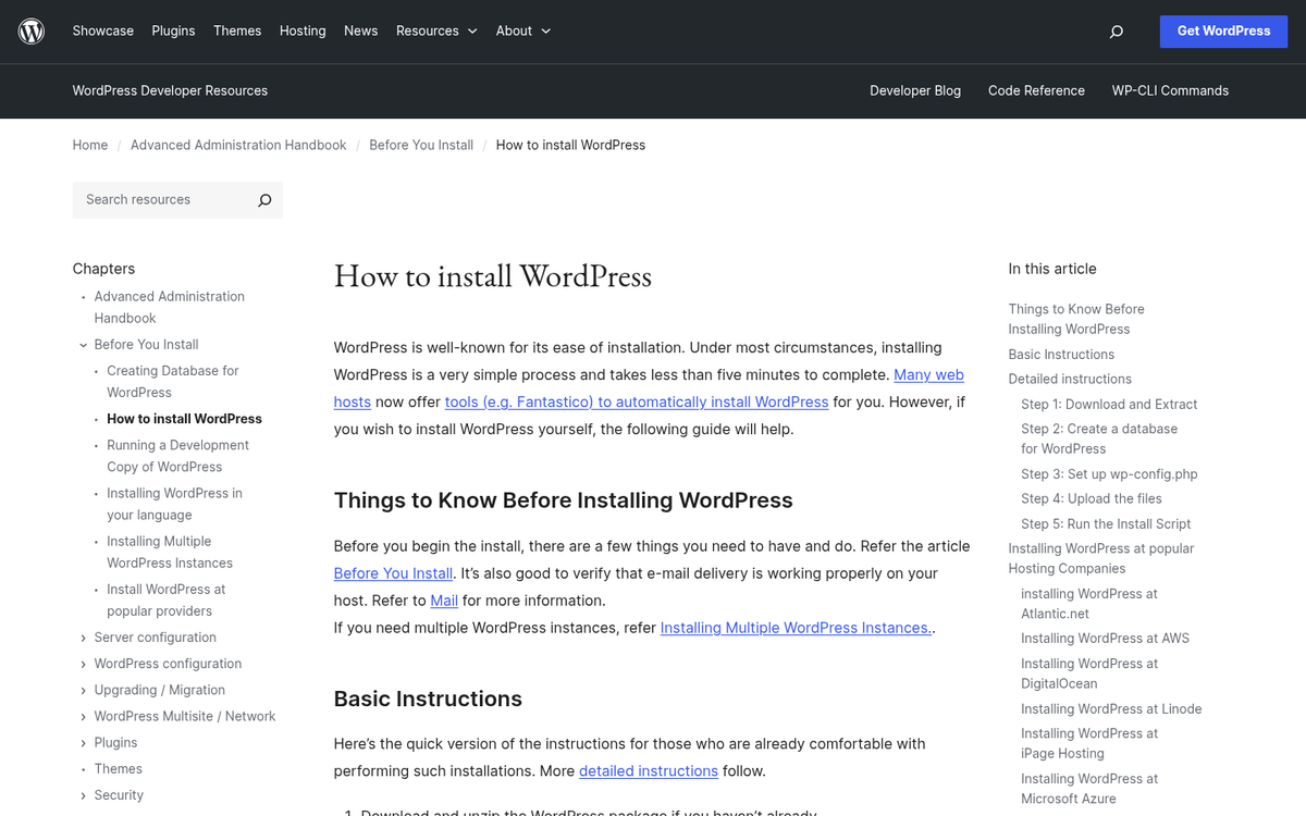 WordPress dashboard installation setup screen