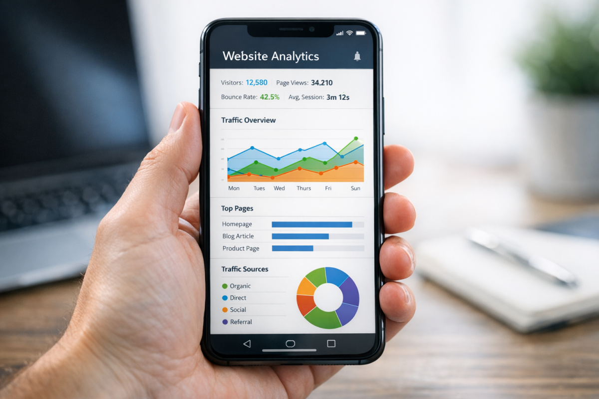 Smartphone displaying website analytics dashboard data