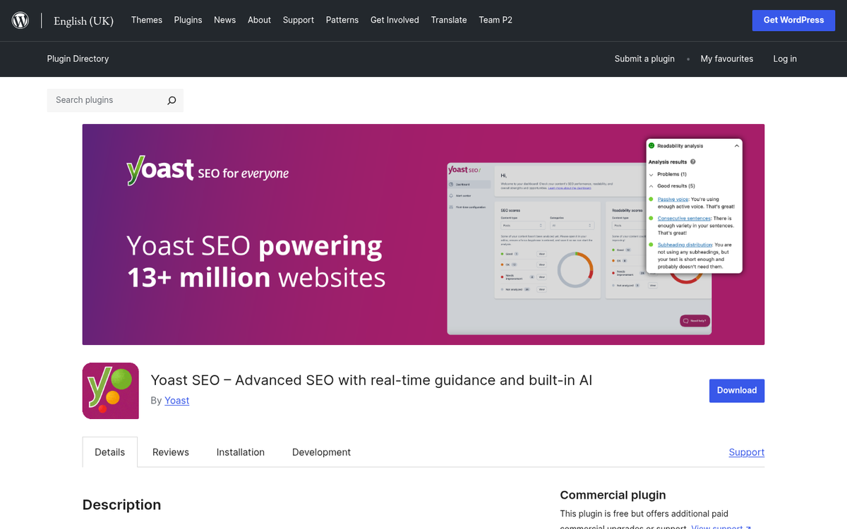 Yoast SEO plugin WordPress dashboard screenshot