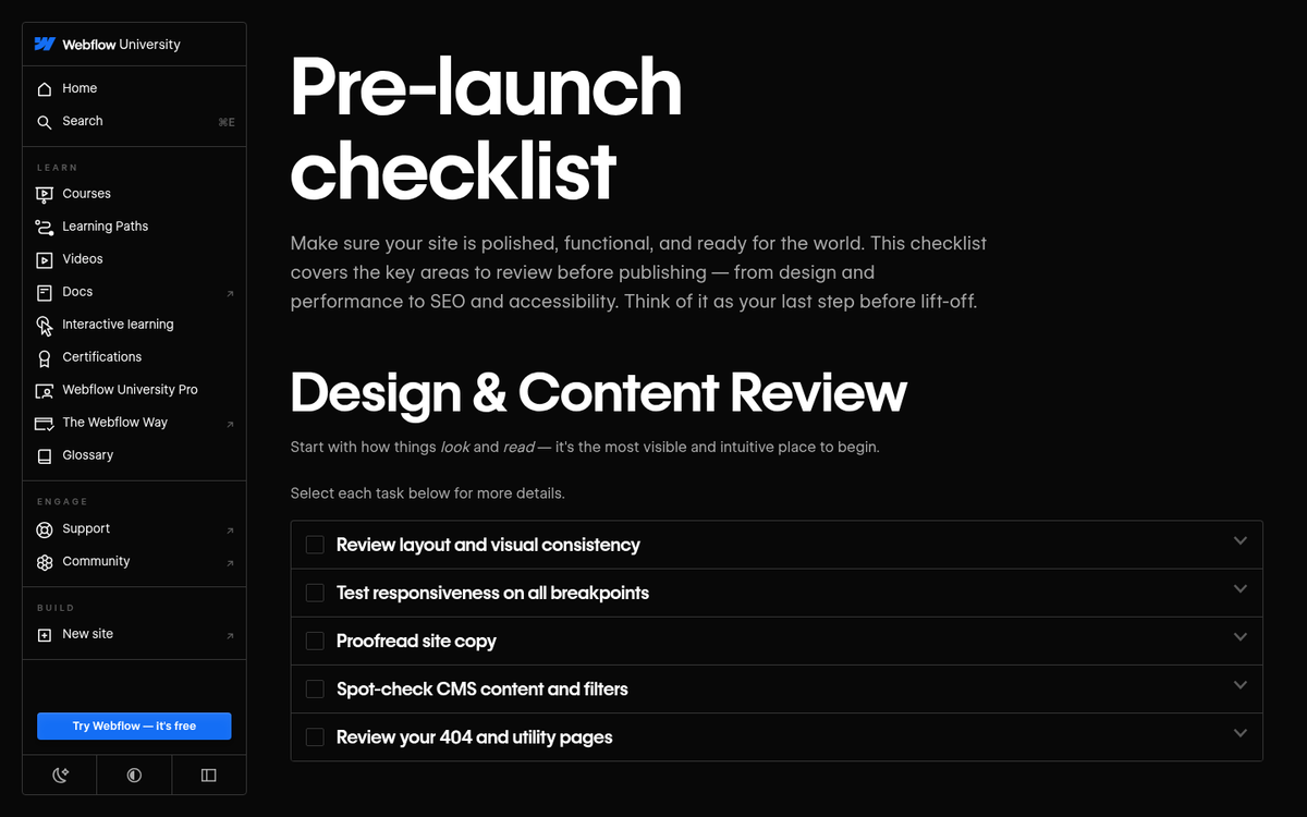 Website structure verification checklist before launch