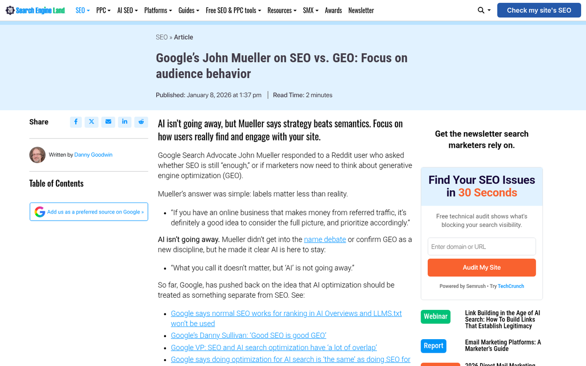 SEO metrics displayed on a scrolling webpage