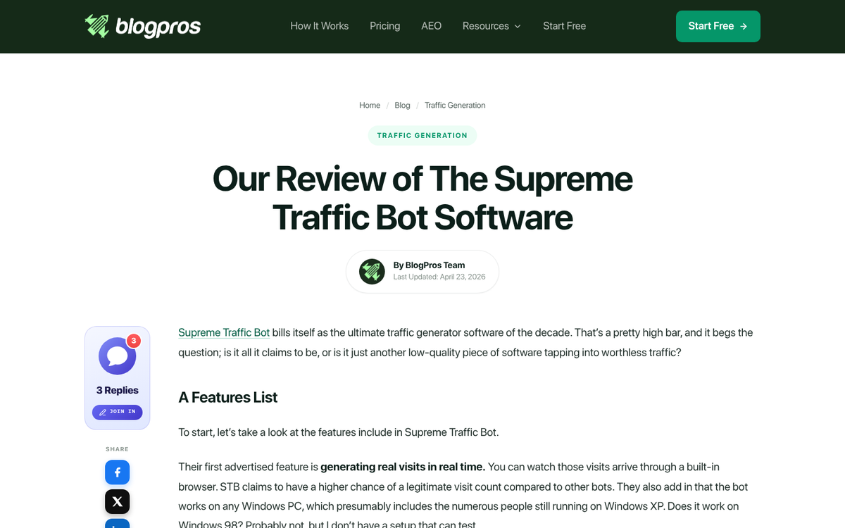 Supreme Traffic Bot software features list screenshot