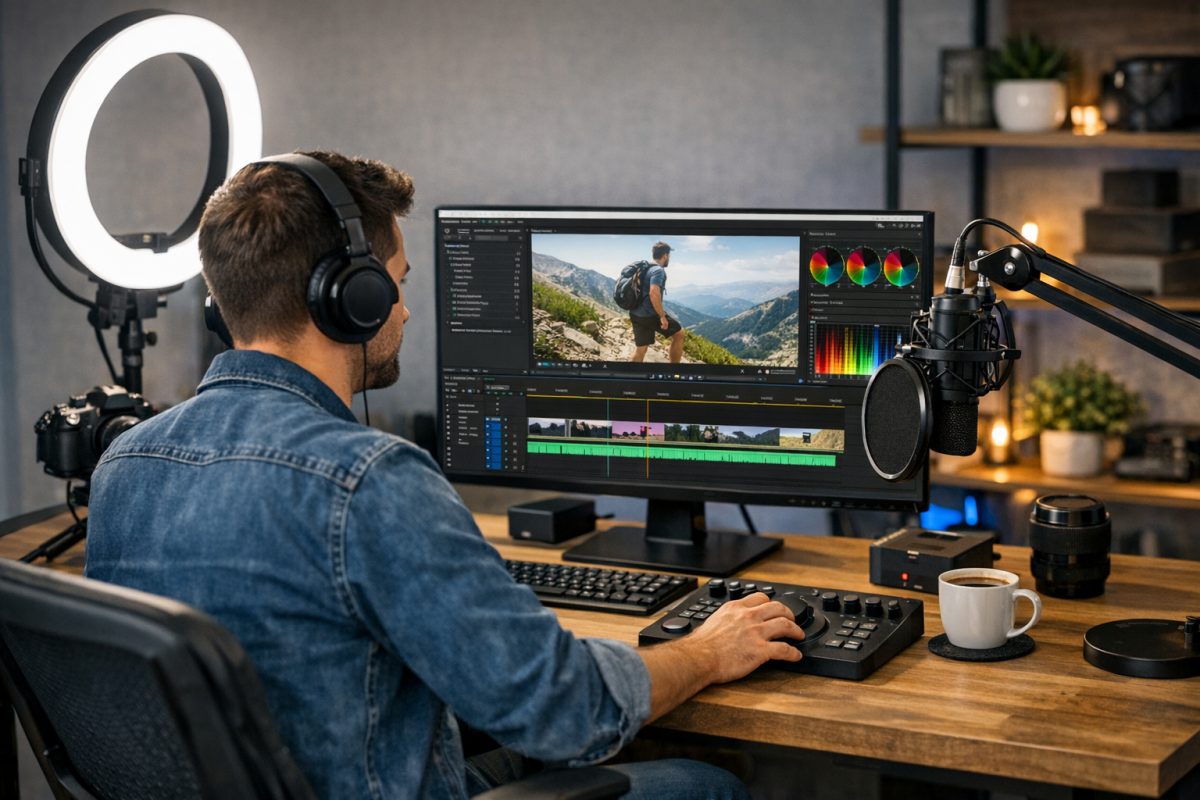 Person editing a YouTube video on computer