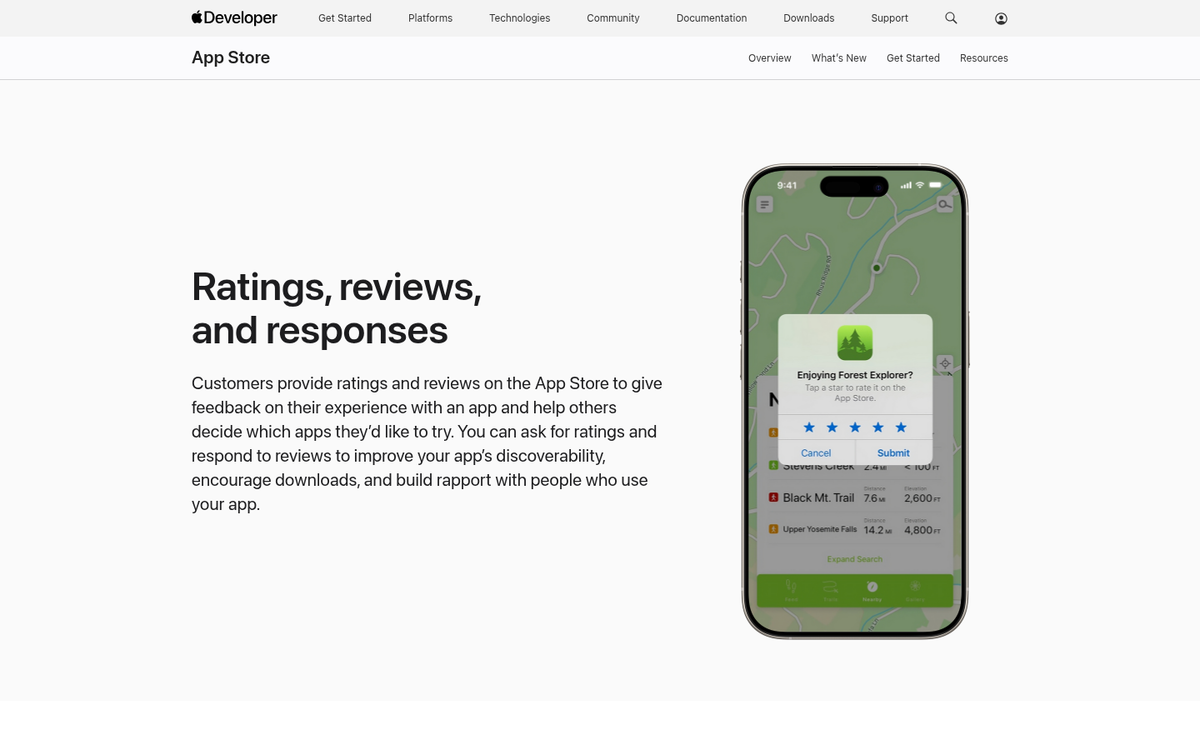 App store ratings and review section