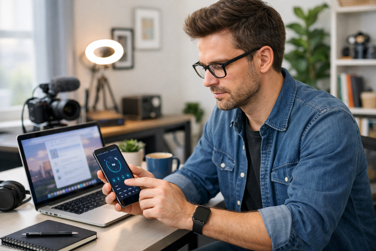 Journalist reviewing app on laptop screen