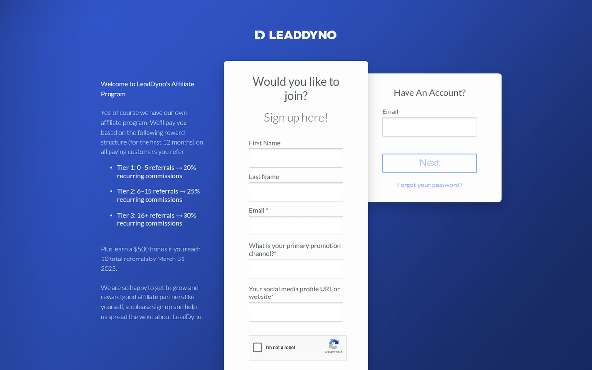 LeadDyno affiliate marketing platform homepage screenshot